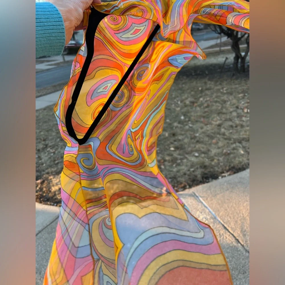 Sheer Paisley 1970s Mod Scarf /Ponytail Tie/Wrap Orange/Pink/Blue/Yellow 15βx44β - Picture 14 of 16